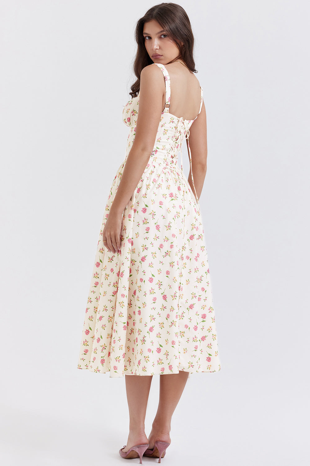 "Women's floral print midi dress, flowy and elegant Bridget sundress in vibrant colors, perfect for casual gatherings."