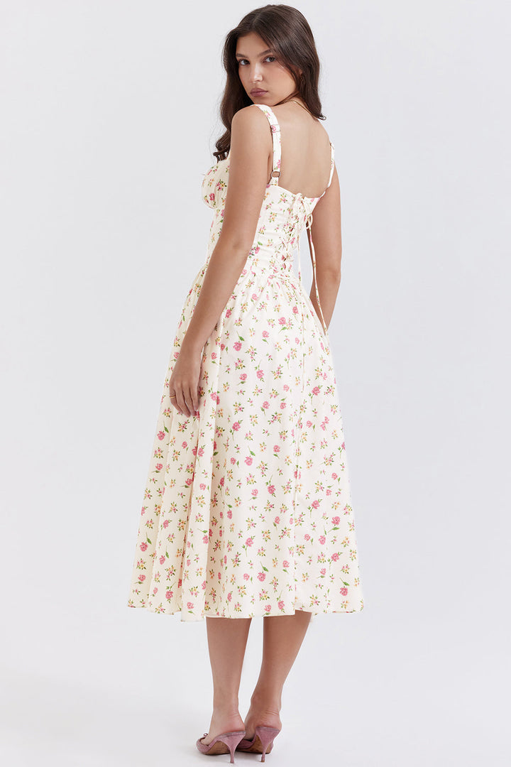 "Women's floral print midi dress, flowy and elegant Bridget sundress in vibrant colors, perfect for casual gatherings."