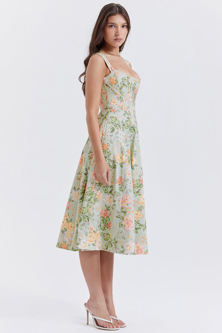 "Women's floral print midi dress, flowy and elegant Bridget sundress in vibrant colors, perfect for casual gatherings."