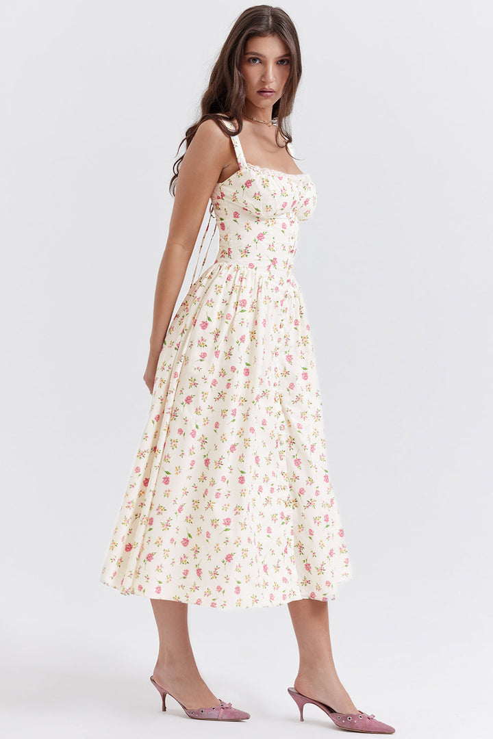 "Women's floral print midi dress, flowy and elegant Bridget sundress in vibrant colors, perfect for casual gatherings."