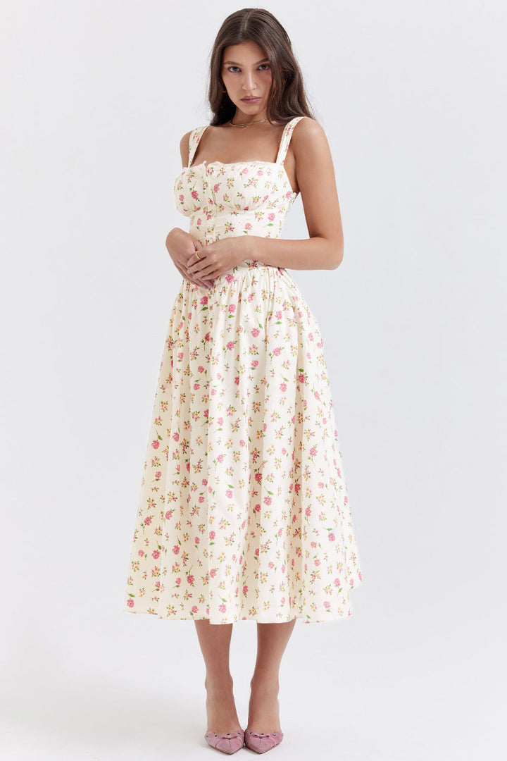 "Women's floral print midi dress, flowy and elegant Bridget sundress in vibrant colors, perfect for casual gatherings."