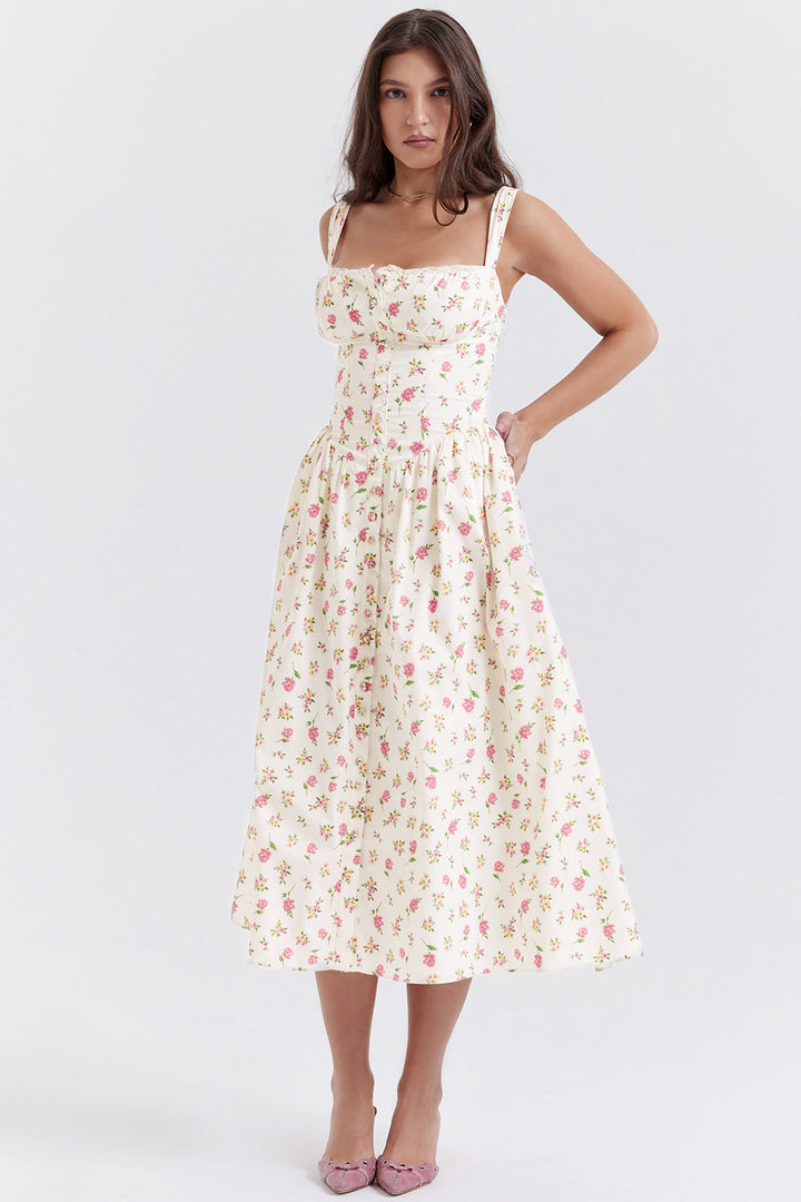 "Women's floral print midi dress, flowy and elegant Bridget sundress in vibrant colors, perfect for casual gatherings."