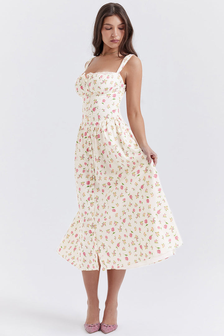 "Women's floral print midi dress, flowy and elegant Bridget sundress in vibrant colors, perfect for casual gatherings."