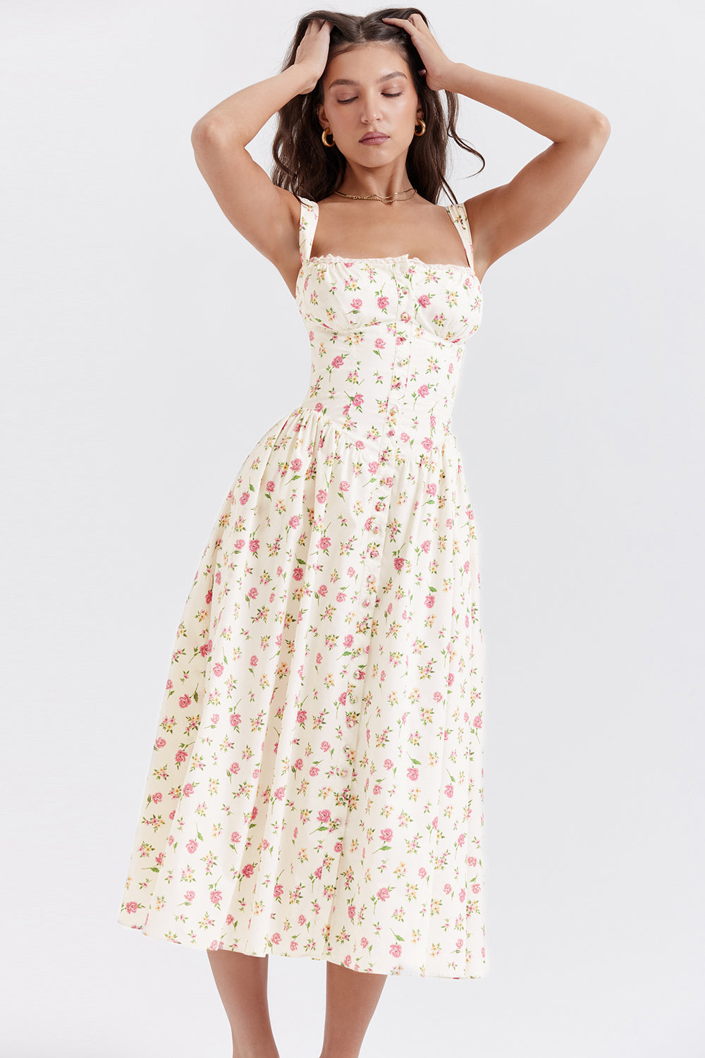 "Women's floral print midi dress, flowy and elegant Bridget sundress in vibrant colors, perfect for casual gatherings."
