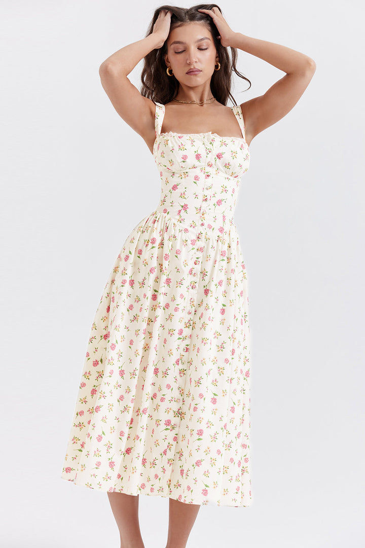 "Women's floral print midi dress, flowy and elegant Bridget sundress in vibrant colors, perfect for casual gatherings."