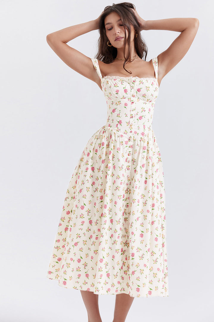 "Women's floral print midi dress, flowy and elegant Bridget sundress in vibrant colors, perfect for casual gatherings."