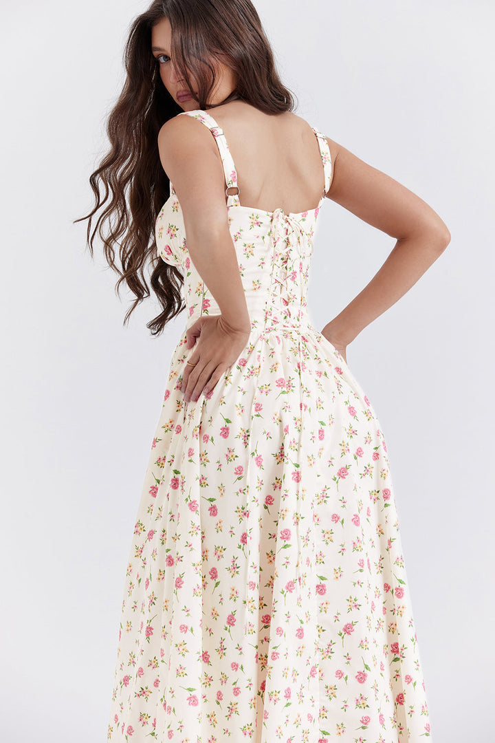 "Women's floral print midi dress, flowy and elegant Bridget sundress in vibrant colors, perfect for casual gatherings."