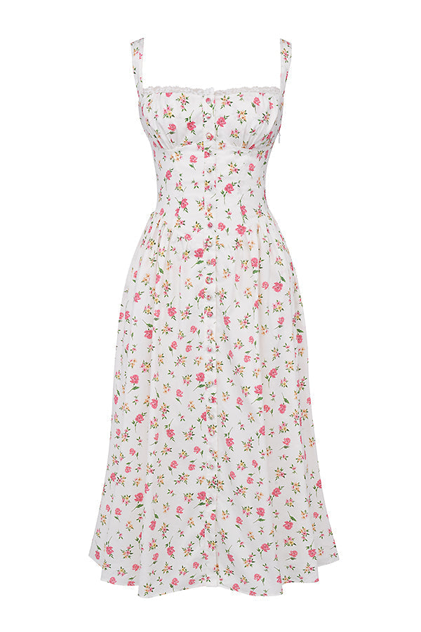 "Women's floral print midi dress, flowy and elegant Bridget sundress in vibrant colors, perfect for casual gatherings."