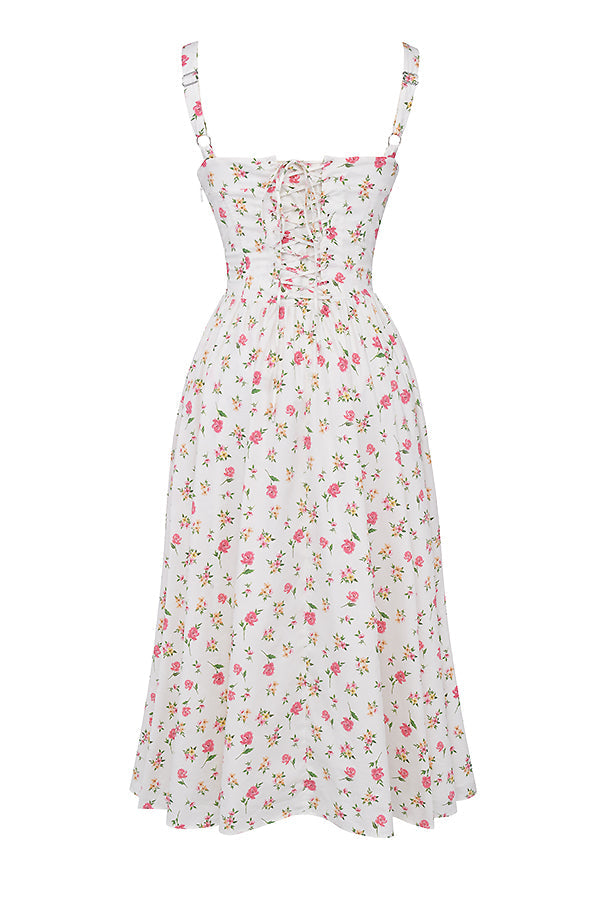 "Women's floral print midi dress, flowy and elegant Bridget sundress in vibrant colors, perfect for casual gatherings."