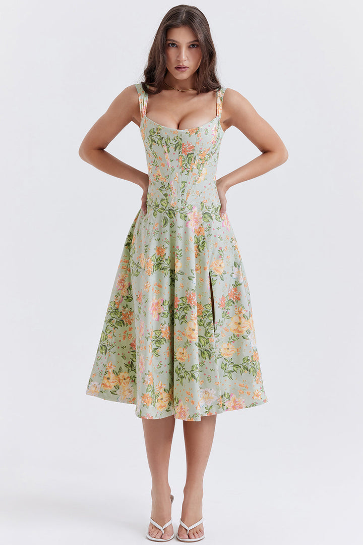 "Women's floral print midi dress, flowy and elegant Bridget sundress in vibrant colors, perfect for casual gatherings."