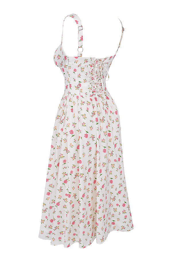 "Women's floral print midi dress, flowy and elegant Bridget sundress in vibrant colors, perfect for casual gatherings."