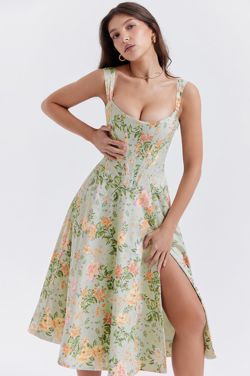 "Women's floral print midi dress, flowy and elegant Bridget sundress in vibrant colors, perfect for casual gatherings."