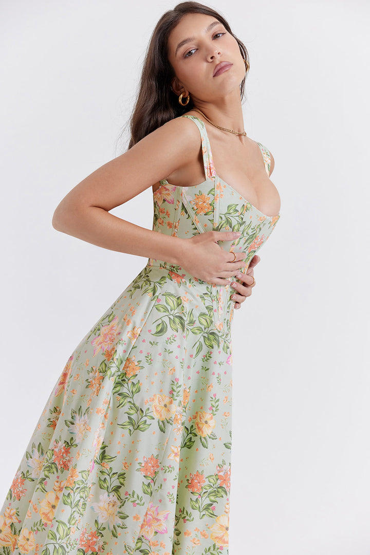 "Women's floral print midi dress, flowy and elegant Bridget sundress in vibrant colors, perfect for casual gatherings."