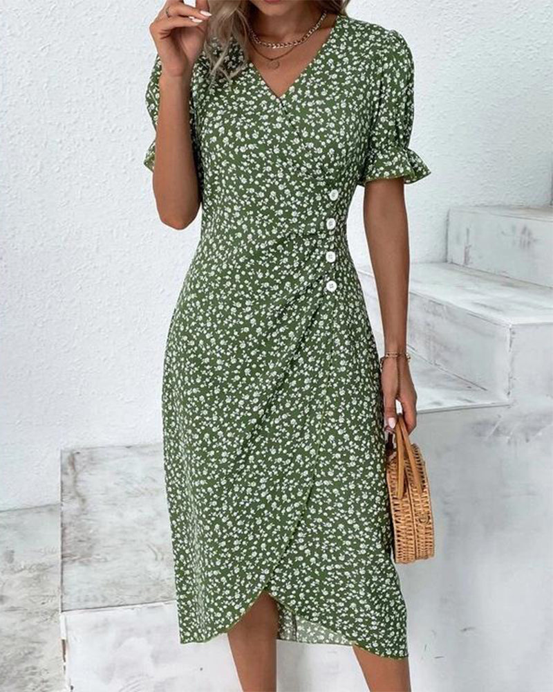 Women's floral wrap-style midi dress with V-neck and puff sleeves, perfect for warm days and stylish outings.