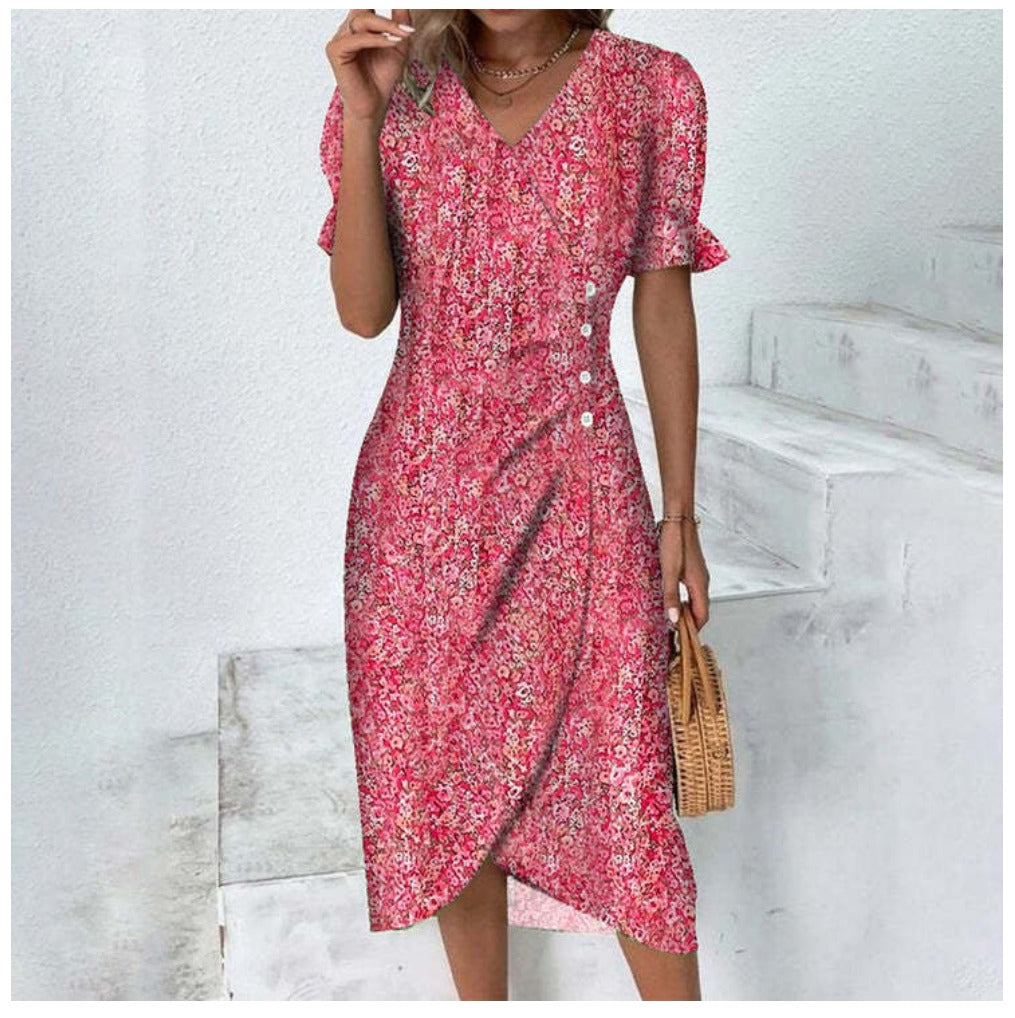Women's floral wrap-style midi dress with V-neck and puff sleeves, perfect for warm days and stylish outings.