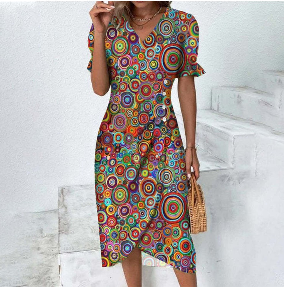 Women's floral wrap-style midi dress with V-neck and puff sleeves, perfect for warm days and stylish outings.