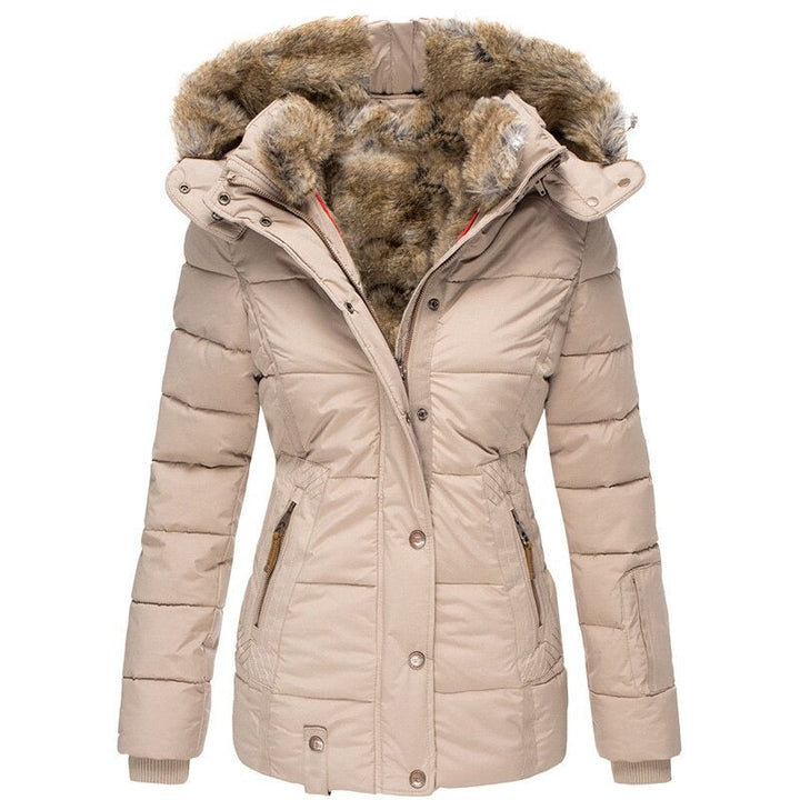 Women's fur-lined winter coat in navy blue, warm waterproof insulation, with plush lining and tailored fit for versatile styl