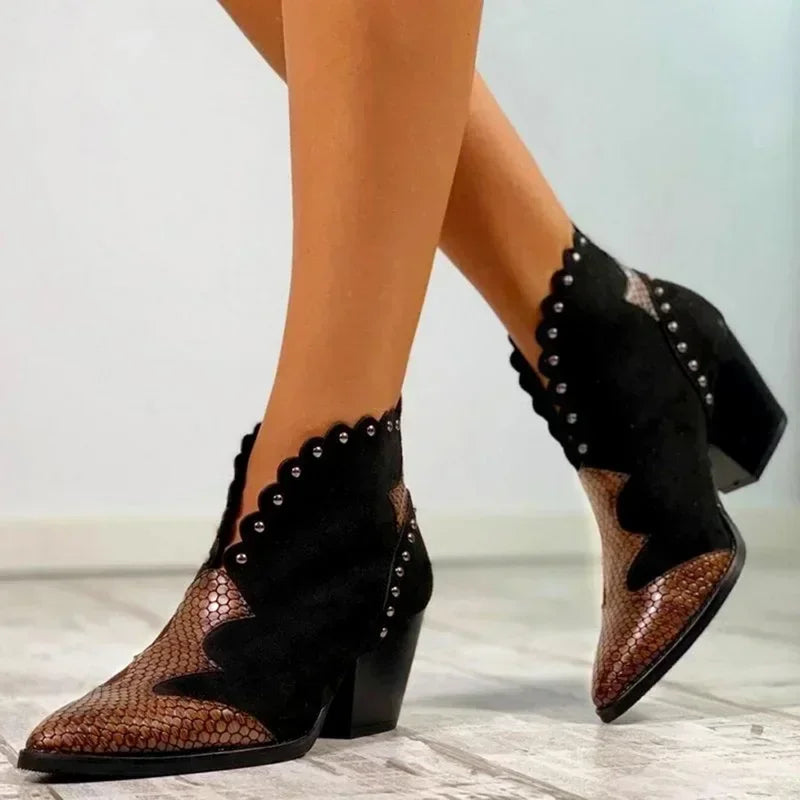 "Women's genuine leather lace-up cowboy boots with a classic Western design, pointed toe, and traditional silhouette."