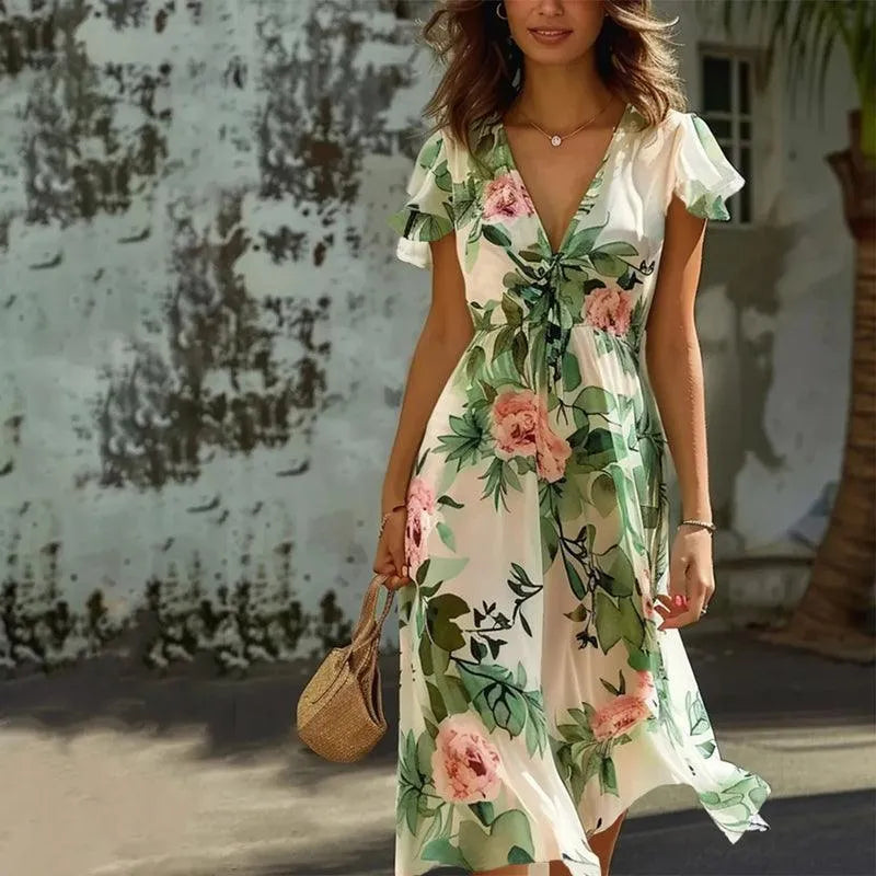 "Women's green floral midi dress with flowy A-line skirt, V-neckline, fitted waist, and flutter sleeves for elegant style"