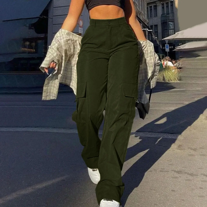 Women's high-waist cargo pants with functional pockets, showcasing durable fabric and versatile design for casual comfort.