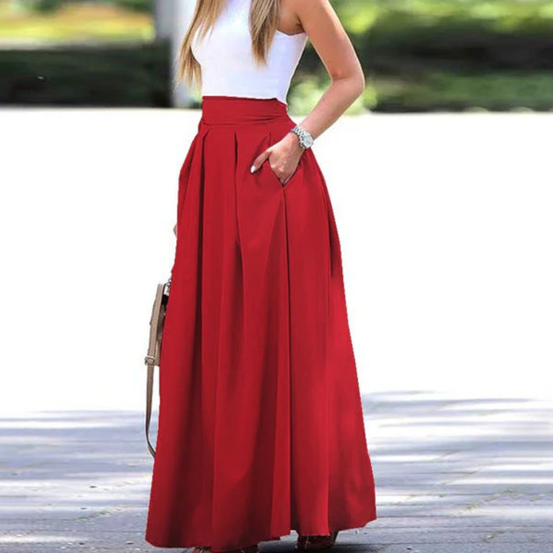 "Women's high waist pleated maxi skirt with elegant pleats, breathable fabric, and pockets for style and comfort."