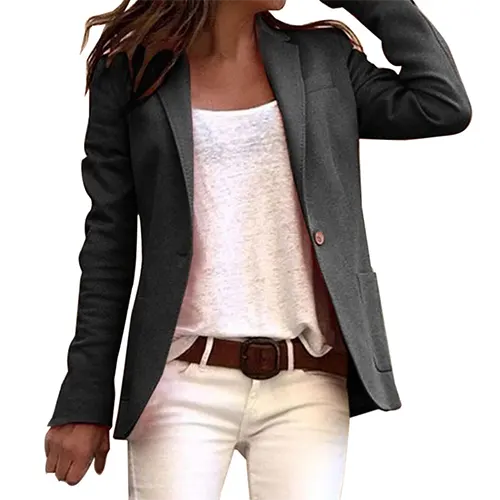 "Women's Kendra blazer with long sleeves, classic lapel collar, tailored fit, and button closure for a polished office look."