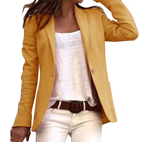 "Women's Kendra blazer with long sleeves, classic lapel collar, tailored fit, and button closure for a polished office look."
