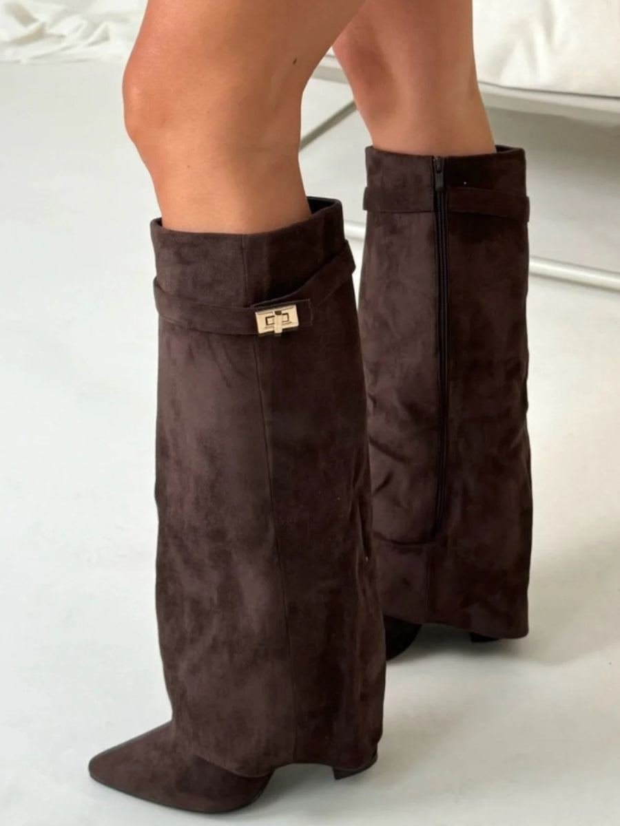 Women's knee-high suede boots with block heel, showing luxury suede material, stylish design, and comfortable fit.