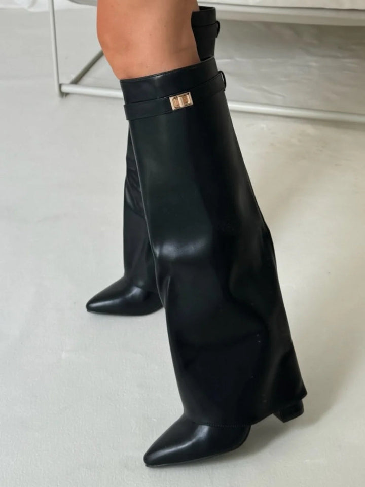 Women's knee-high suede boots with block heel, showing luxury suede material, stylish design, and comfortable fit.