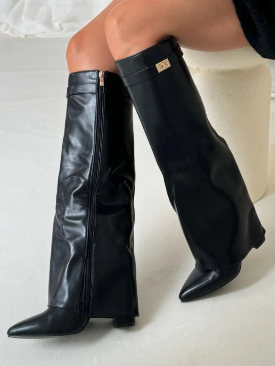 Women's knee-high suede boots with block heel, showing luxury suede material, stylish design, and comfortable fit.