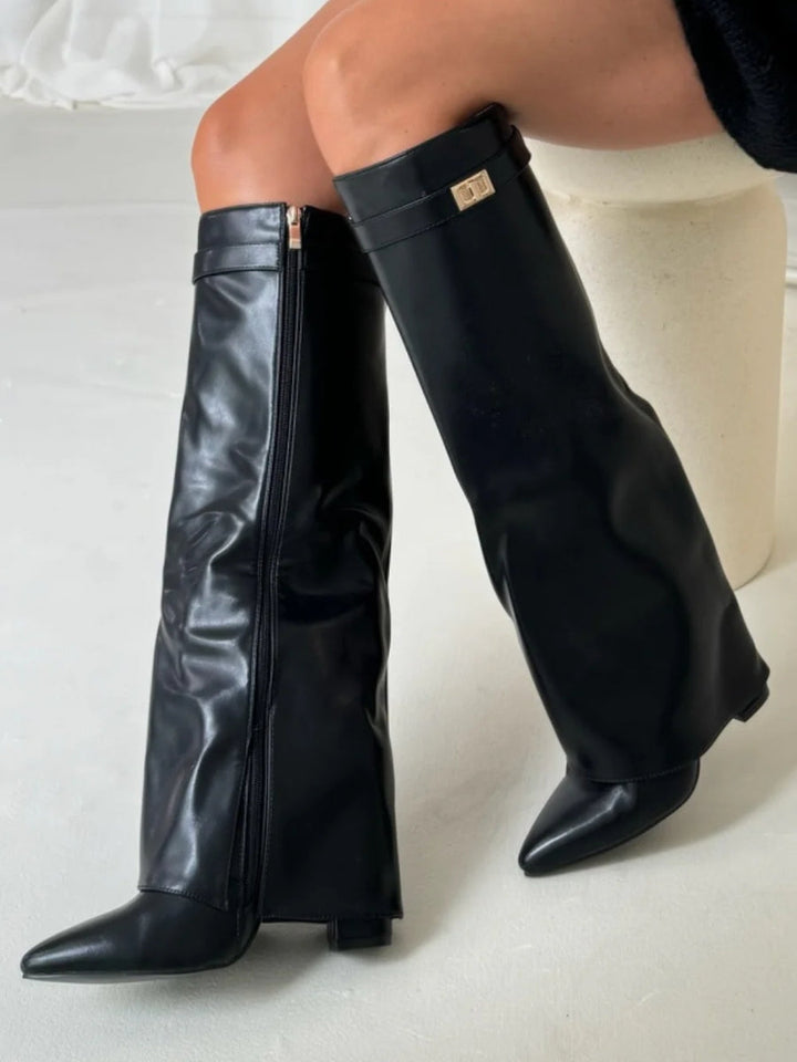 Women's knee-high suede boots with block heel, showing luxury suede material, stylish design, and comfortable fit.