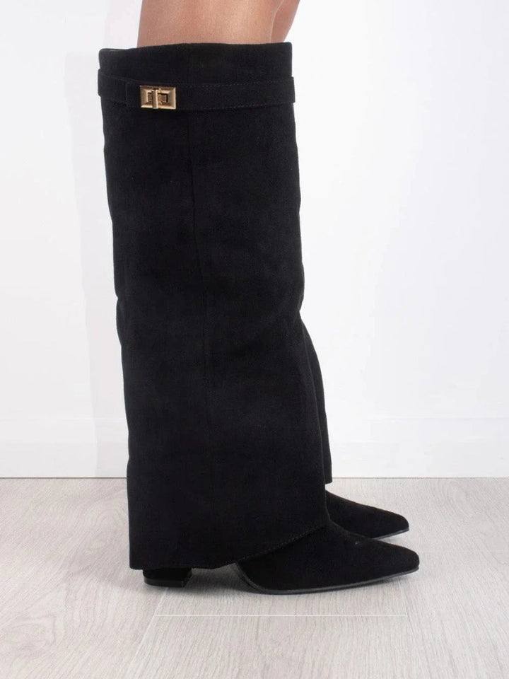 Women's knee-high suede boots with block heel, showing luxury suede material, stylish design, and comfortable fit.