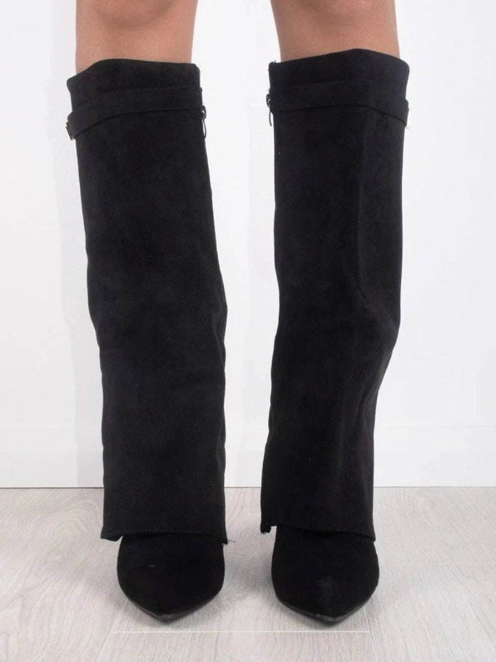 Women's knee-high suede boots with block heel, showing luxury suede material, stylish design, and comfortable fit.