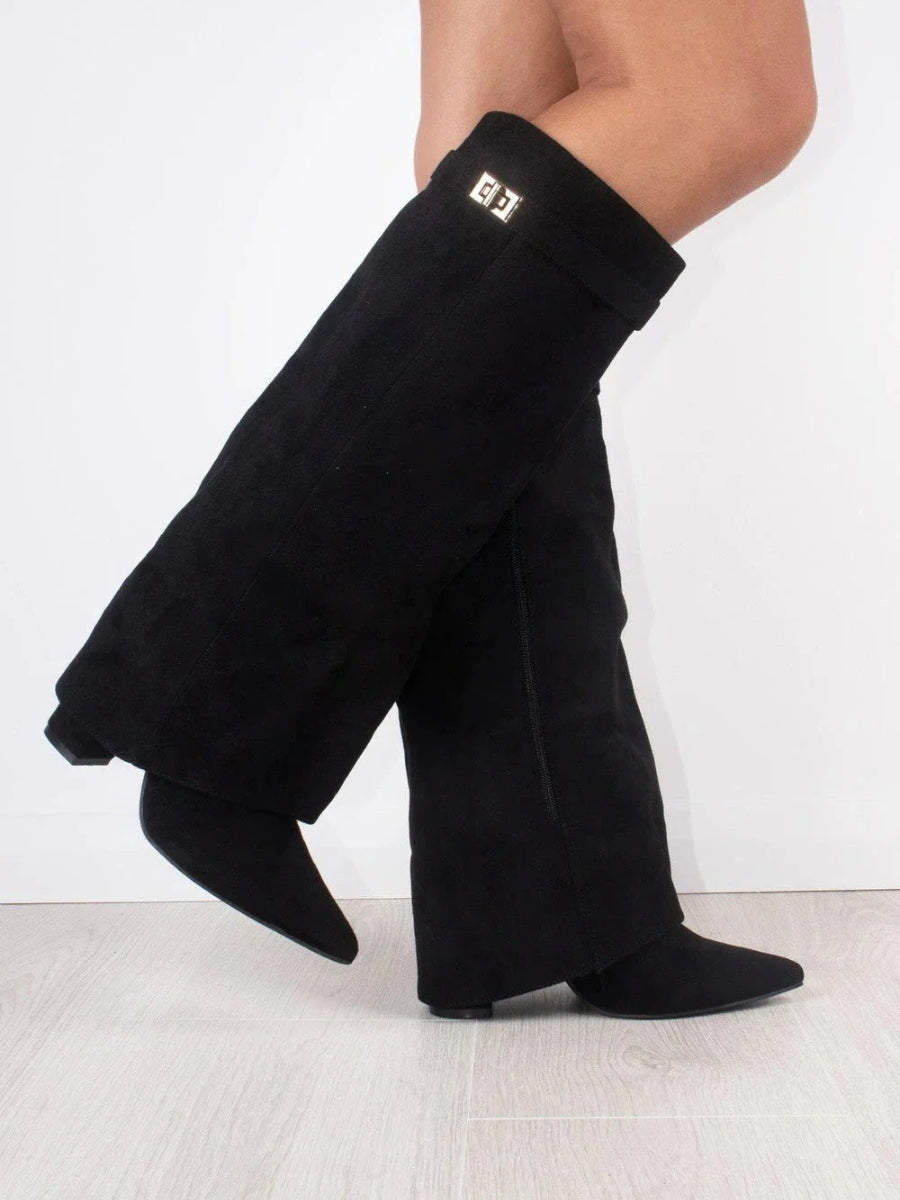 Women's knee-high suede boots with block heel, showing luxury suede material, stylish design, and comfortable fit.