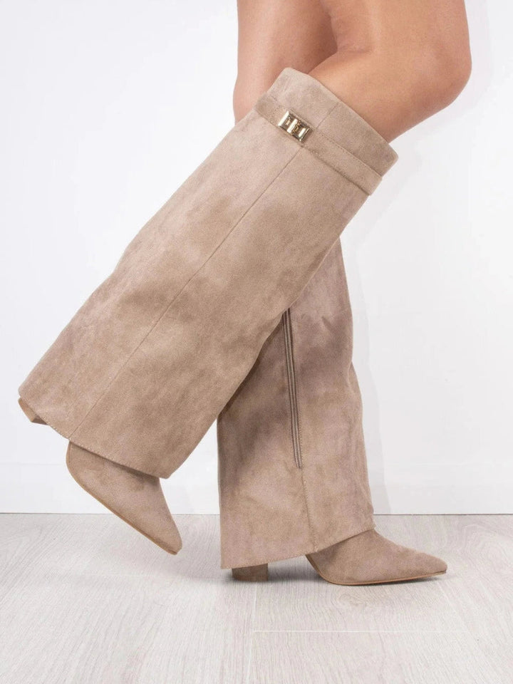 Women's knee-high suede boots with block heel, showing luxury suede material, stylish design, and comfortable fit.