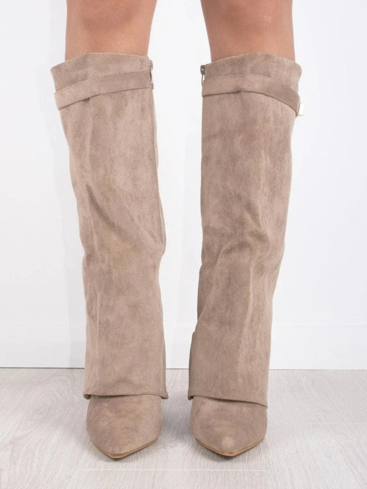 Women's knee-high suede boots with block heel, showing luxury suede material, stylish design, and comfortable fit.