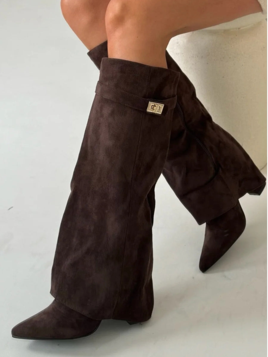 Women's knee-high suede boots with block heel, showing luxury suede material, stylish design, and comfortable fit.