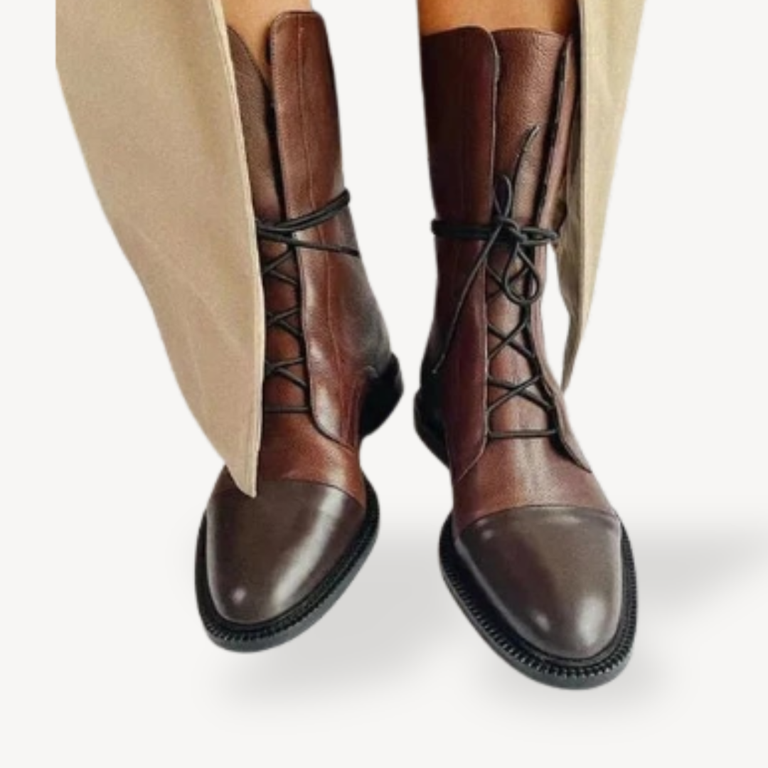Women's leather orthopedic combat ankle boots in black and brown, lace-up design, providing style and foot support.