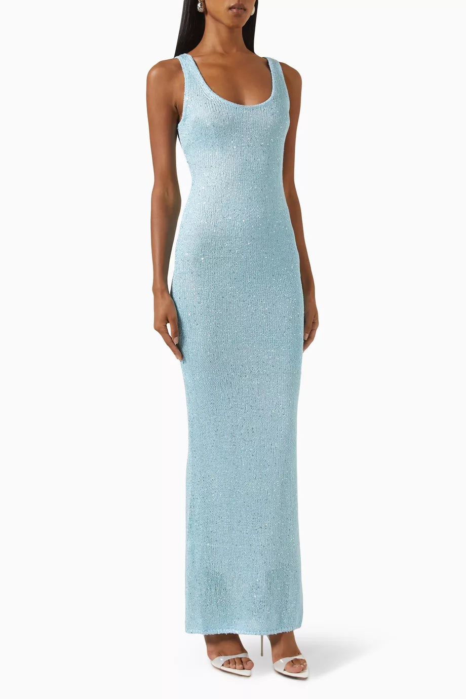 Women's light blue sequin maxi dress, fitted bodice, flowing skirt, perfect for weddings and formal occasions.