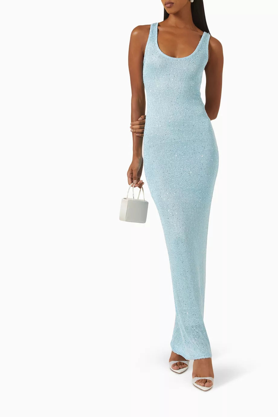 Women's light blue sequin maxi dress, fitted bodice, flowing skirt, perfect for weddings and formal occasions.
