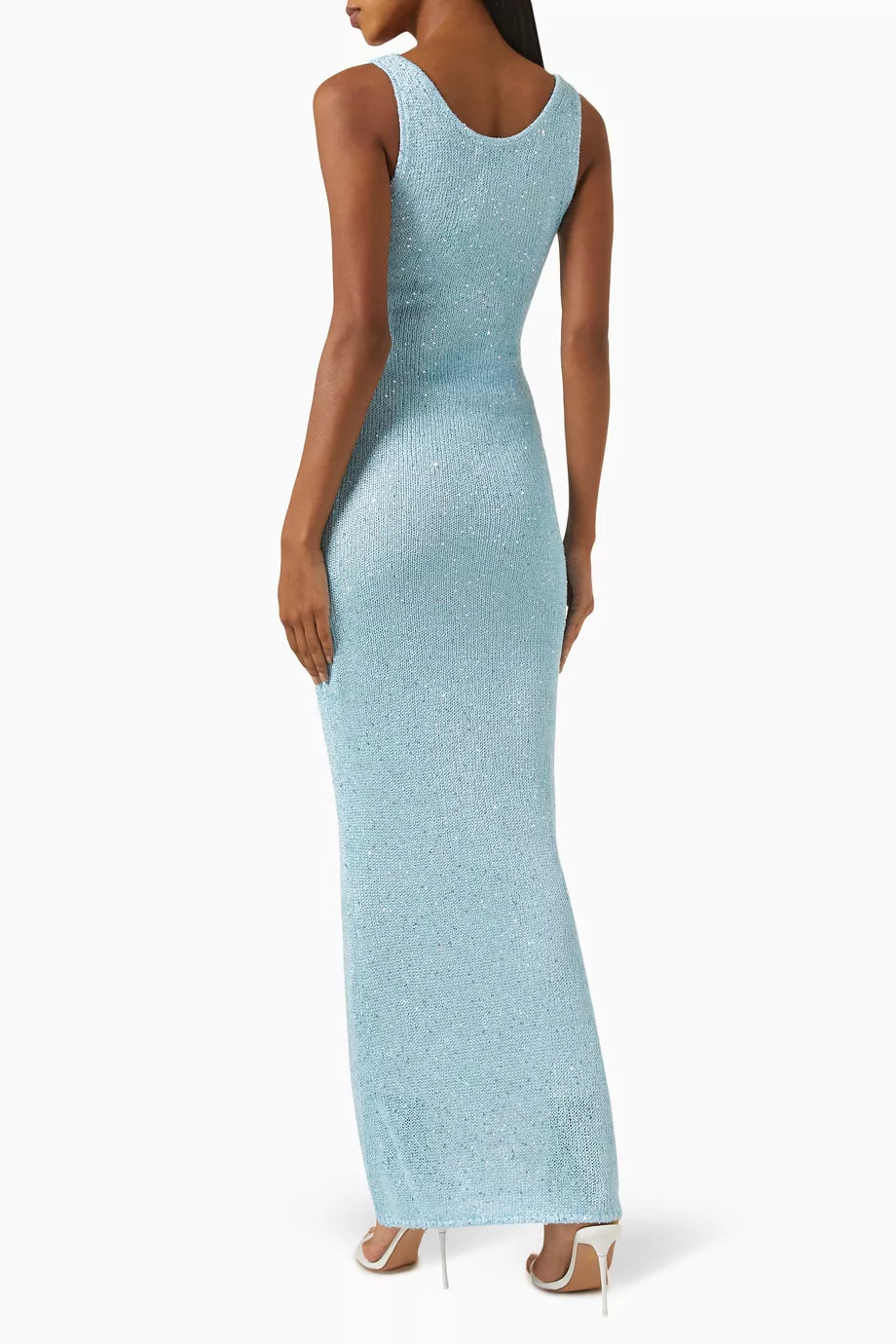 Women's light blue sequin maxi dress, fitted bodice, flowing skirt, perfect for weddings and formal occasions.