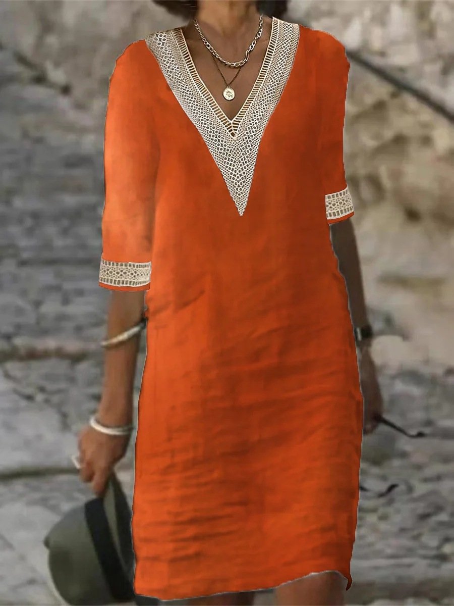 Women's linen blend V-neck dress with lace trim, 3/4 sleeves, relaxed fit, perfect for casual and elegant wear.