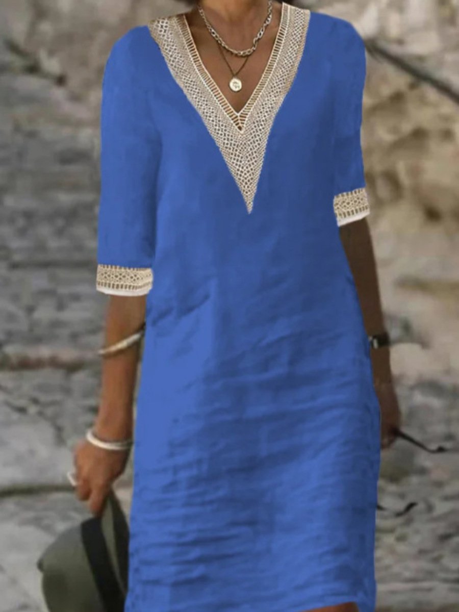 Women's linen blend V-neck dress with lace trim, 3/4 sleeves, relaxed fit, perfect for casual and elegant wear.