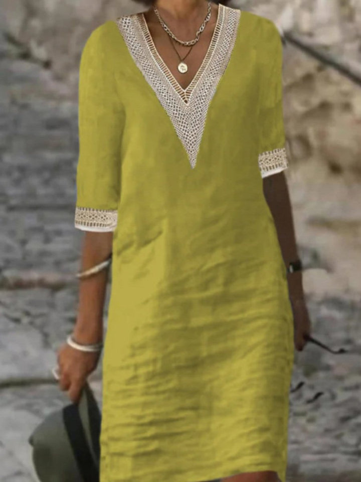 Women's linen blend V-neck dress with lace trim, 3/4 sleeves, relaxed fit, perfect for casual and elegant wear.