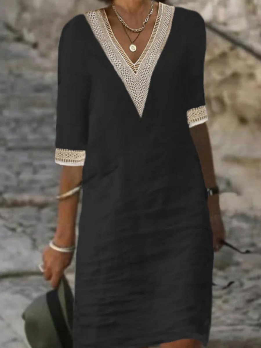 Women's linen blend V-neck dress with lace trim, 3/4 sleeves, relaxed fit, perfect for casual and elegant wear.