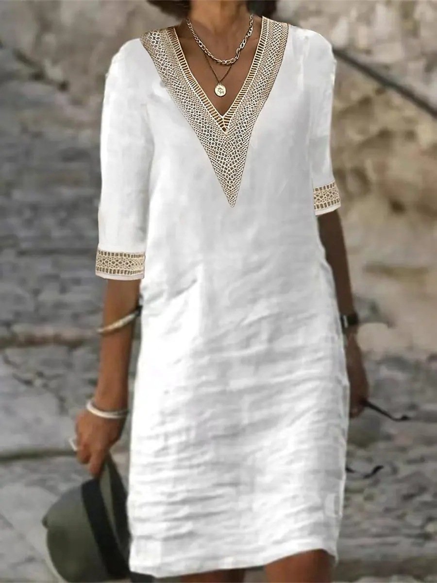 Women's linen blend V-neck dress with lace trim, 3/4 sleeves, relaxed fit, perfect for casual and elegant wear.