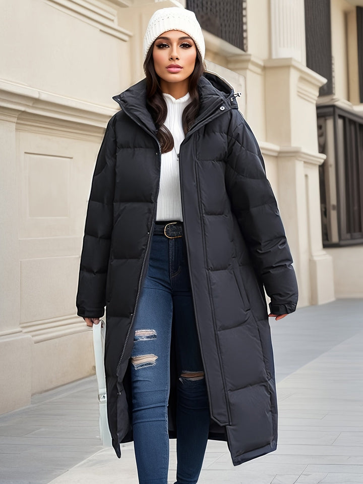Women's long down coat with hood for autumn/winter; solid pattern, padded for warmth, chic and versatile style.