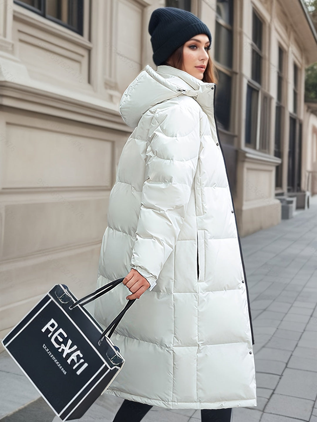 Women's long down coat with hood for autumn/winter; solid pattern, padded for warmth, chic and versatile style.