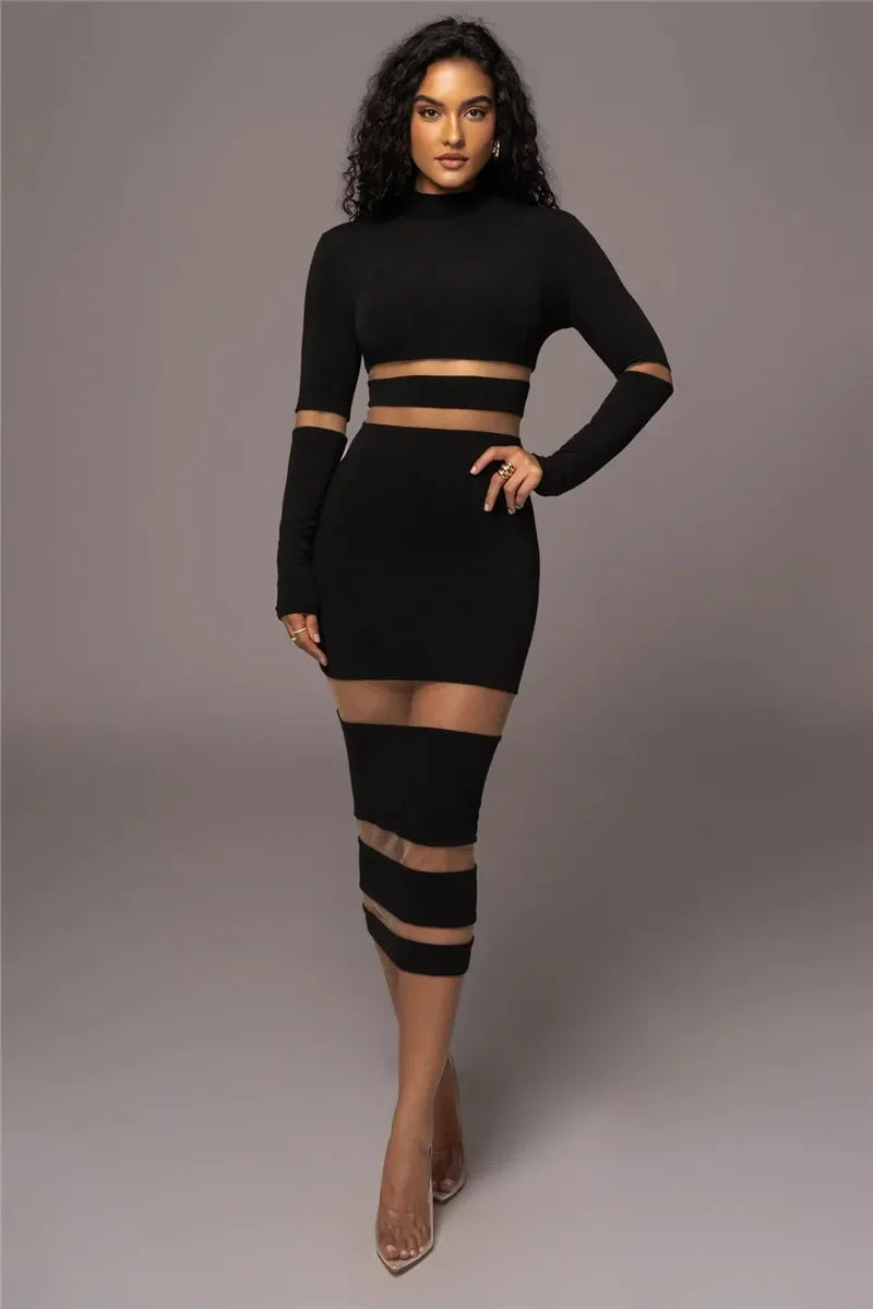 Women's long sleeve bodycon midi dress with sheer panels, high neckline, and elegant silhouette, front view.