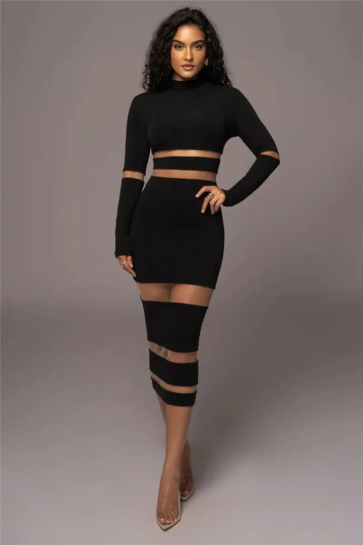 Women's long sleeve bodycon midi dress with sheer panels, high neckline, and elegant silhouette, front view.